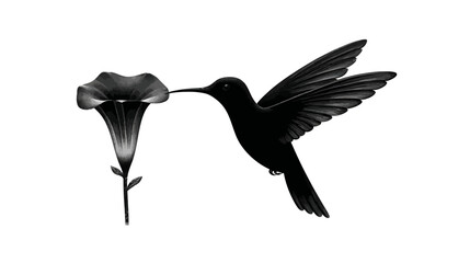 Fototapeta premium Black-and-white illustration of a hummingbird with spread wings, feeding on a large trumpet flower