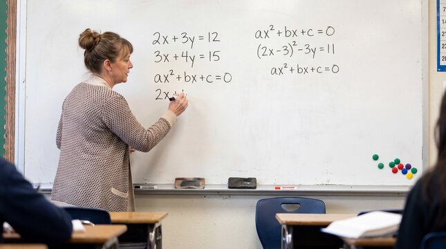 Math teacher writing algebra equations on classroom whiteboard, high school lesson with copy space for education, tutoring and STEM learning concept