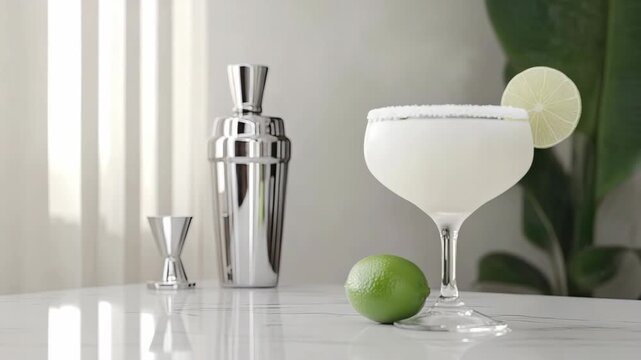 A drink is prepared using fresh lime, a shaker, and a glass. The setup shows the ingredients on a marble surface