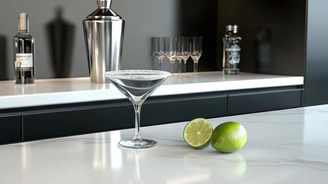 A bartender prepares drinks using fresh limes and a cocktail glass on the counter at a bar in the evening