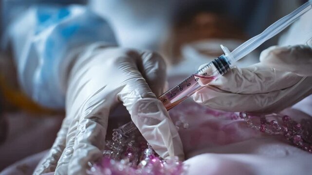 Closeup view of ecofriendly embalming techniques with natural biodegradable fluids being carefully injected to preserve the body sustainably.