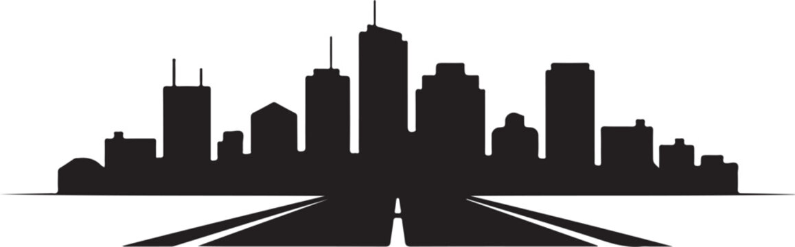 Black silhouette of city skyline with train tracks in foreground