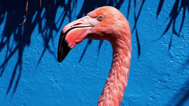 Pink flamingo with vibrant feathers gracefully preens its plumage against a vivid blue wall, showcasing its elegant neck and distinctive beak in a tropical setting