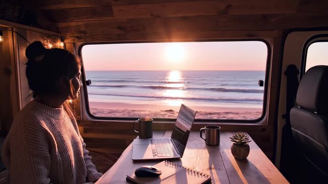 Woman of South Asian descent working on laptop inside a cozy van, enjoying sunset view over ocean waves, with warm lighting and wooden interior details visible. Solo travel and remote work concept.
