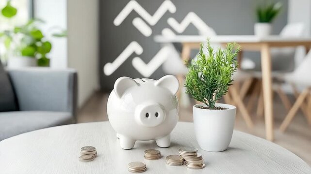 Coins are placed next to a piggy bank and a small plant on a table in a home setting with natural light coming through the window