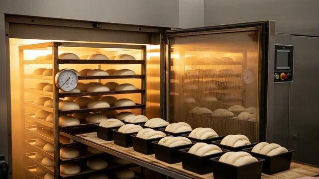 Dough is placed in a proofing box where it rises before baking. The process shows the steps taken to prepare bread for the oven