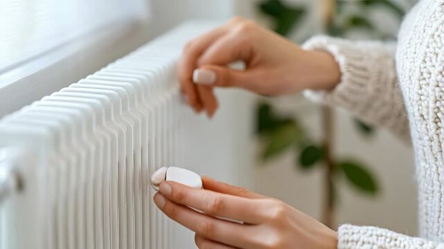 A person adjusts the heater knobs to control the temperature inside the house on a chilly day while wearing a warm sweater