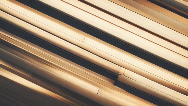 Wooden slats arranged in diagonal rows forming a geometric, rhythmic pattern that casts dynamic light and shadow across a warm, textured timber surface