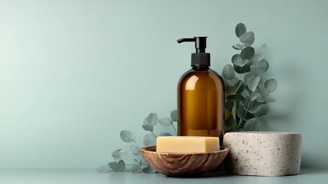 A bottle and soap sit on a shelf next to plants. The setting shows a clean and organized space ready for use