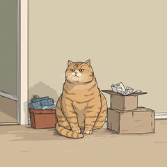 荷物の発送に苦労する太った猫。