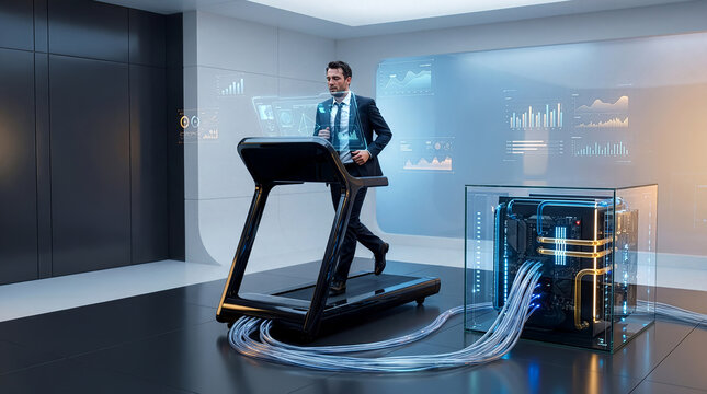 Man runs on treadmill in office space with data center displaying graphs and wires. Location features sleek black and white design. Concept of fitness technology, business health, wellness industry