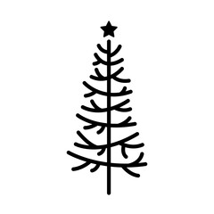 Christmas tree with a star icon. Black outline linear silhouette. Editable strokes. Front side view. Vector simple flat graphic illustration. Isolated object on a white background.