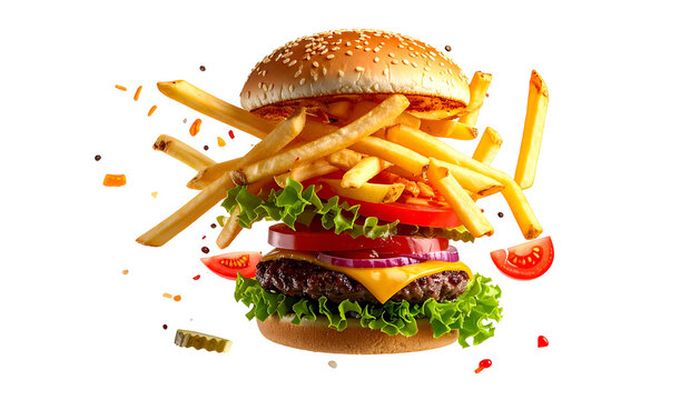 A delicious burger and fries stack, with floating ingredients