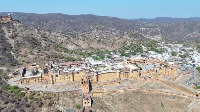 Aerial shot of Amer Fort in Jaipur, Rajasthan, India