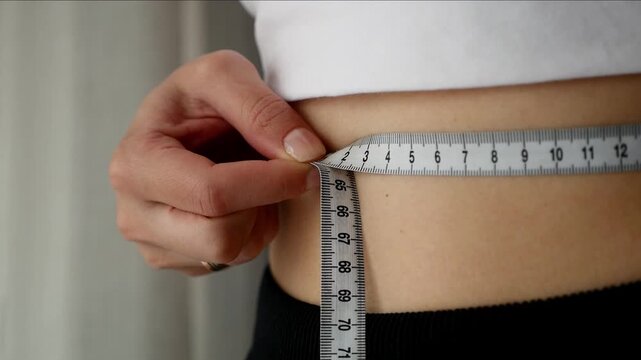 Close-up of woman measuring waist with tape for fitness and weight loss goals.