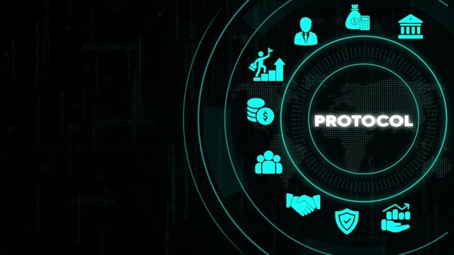 Business protocol concept with and symbols on a digital interface finance security