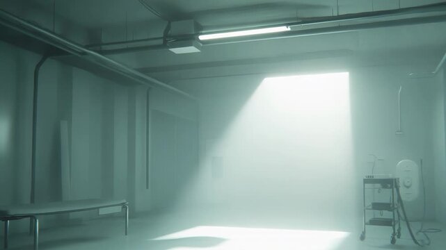 Eerie abandoned medical room with a gurney, equipment cart, and a bright light beam illuminating the foggy, empty space, conveying isolation, mystery, and an uncertain future