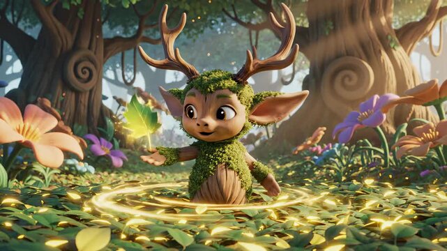 Cute 3D cartoon animation of a magical deer creature emerging from a glowing forest floor with an excited and happy expression