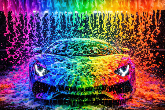 Cleaning a cool sports car with flowing colorful car wash suds