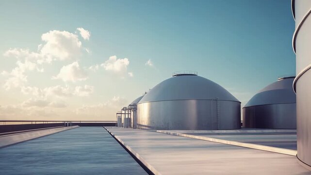 Large industrial storage tanks standing in a row at a facility, reflecting the warm sunlight while symbolizing the global energy sector and infrastructure