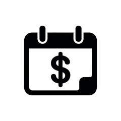 A black and white icon of a calendar with a dollar sign