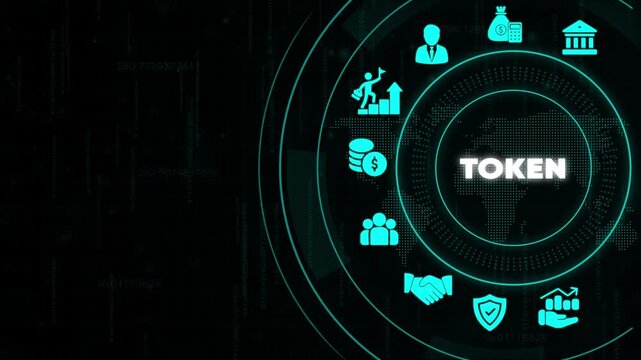 Token Concept with Financial and Technology on Dark Background with Binary Code cryptocurrency finance