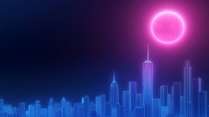 Obraz premium Futuristic neon skyline at night with neon pink sun over cityscape