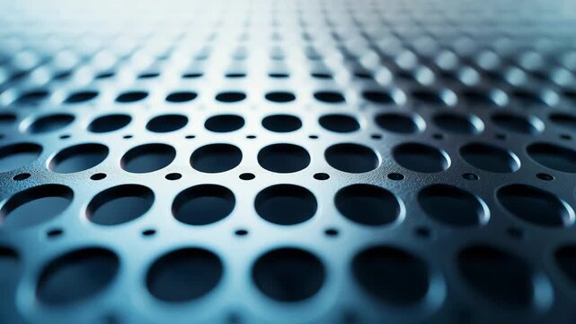 Perforated metal surface, featuring a regular grid of circular holes, reflecting blue light and creating a textured background for technology, industry, and futuristic concepts