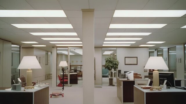 Empty corporate office interior with fluorescent lights illuminating the workplace, featuring desks, lamps, and potted plants, creating a liminal atmosphere