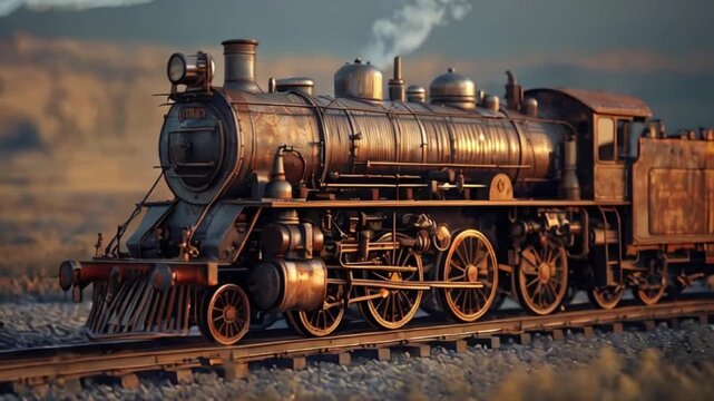vintage steam locomotive with exposed driving wheels and connecting rods, created with generative ai