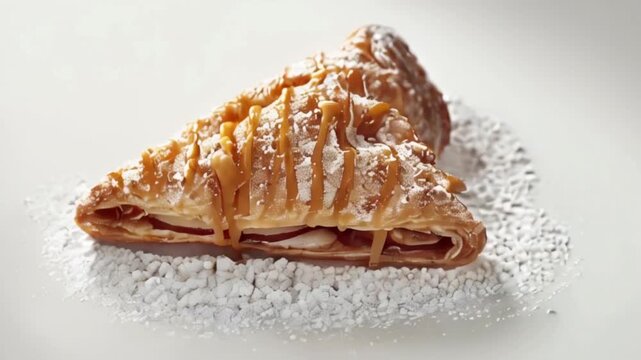 A triangular puff-pastry apple turnover, dusted with powdered sugar and drizzled with caramel. Concept Dessert, Pastry, Apple Turnover, Caramel Drizzle, Powdered Sugar, created with generative ai