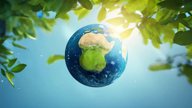 Earth globe surrounded by lush green leaves, symbolizing environmental awareness under natural ambient light.., created with generative ai