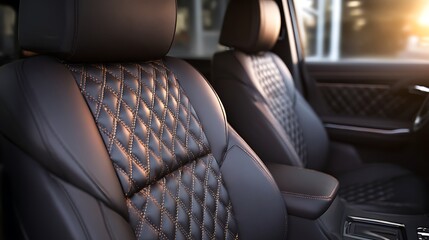 Obraz premium Close-up of luxurious quilted leather car seats with diamond stitching in a modern vehicle interior.