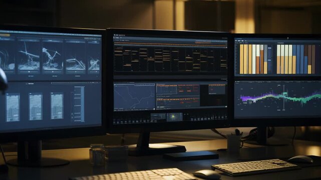 Data scientist analyzing complex charts and graphs on a multi screen workstation, processing large datasets for business analytics and scientific research in a dark office environment