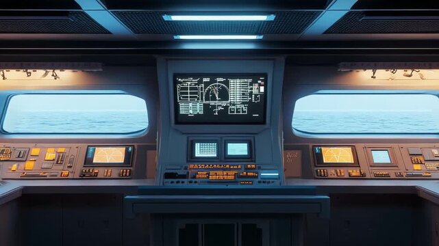 Starship or vessel command center bridge featuring multiple control panels, screens displaying technical data, and a large window looking out onto a calm ocean
