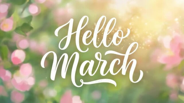 hello march white calligraphy text on blurred green and pink nature background. spring season arrival concept. fresh floral bokeh. greeting card, calendar design.