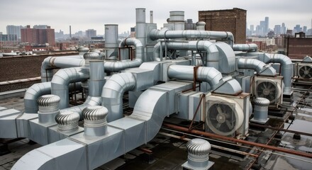 Intricate network of industrial ventilation ducts, air conditioning units, and exhaust fans on a building rooftop. Urban cityscape visible in the background. Heating, ventilation, air conditioning