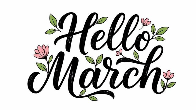 hello march handwritten lettering with pink flowers and green leaves. spring season greeting concept. calendar, planner decoration. illustration isolated on white background