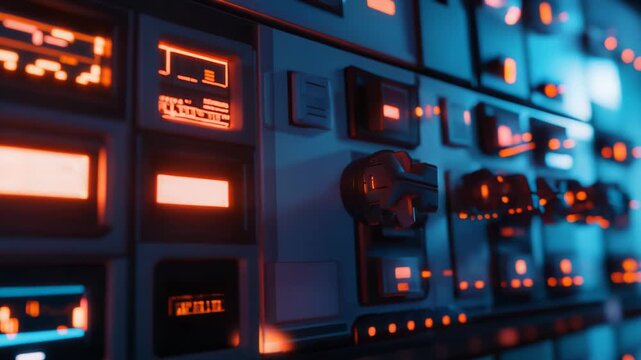 Futuristic control panel displaying complex data, featuring glowing orange lights and various switches, creating a high tech interface for advanced system operations