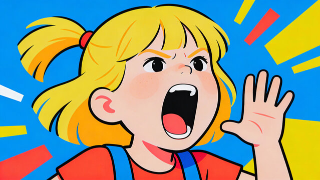 A cartoon girl with her mouth wide open and her hands raised in the air. The girl is angry and yelling