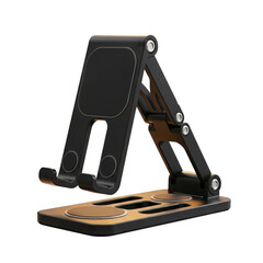Adjustable black foldable phone stand on transparent background