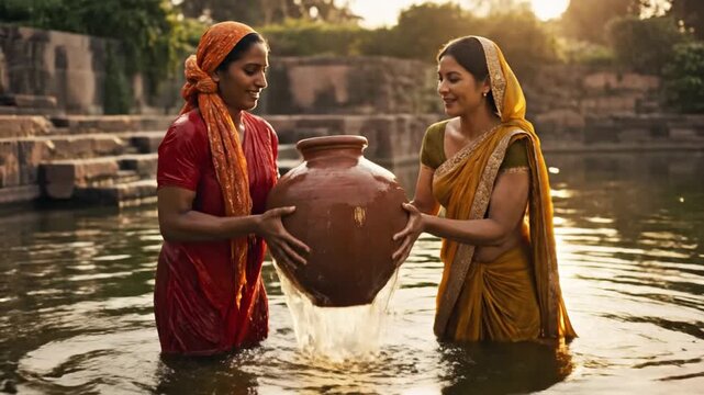 Two Indian women filling clay pot with water at stepwell