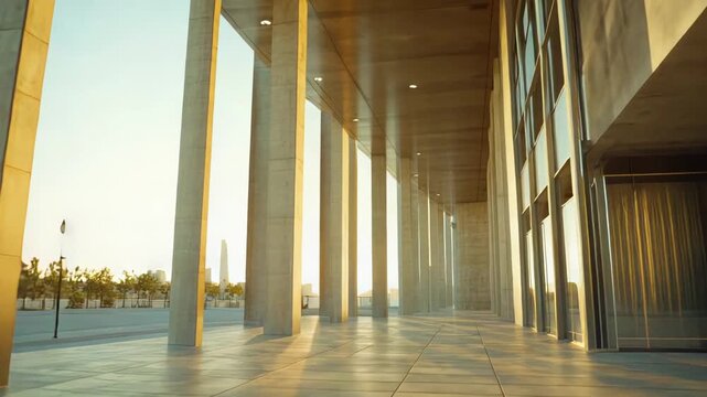 Building architecture features a long row of concrete columns and a polished floor, bathed in warm sunlight during an urban sunset, creating dynamic shadows and a minimalist perspective