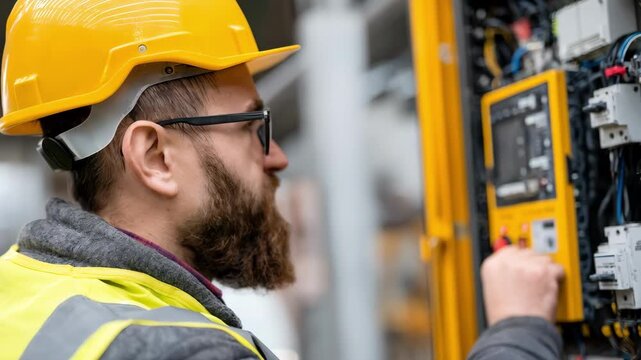 Engineer conducting quarterly software updates and diagnostics on industrial control systems in a modern facility.