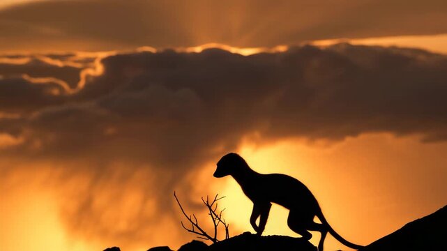 Weasel silhouette standing at sunset with dramatic orange sky backdrop
