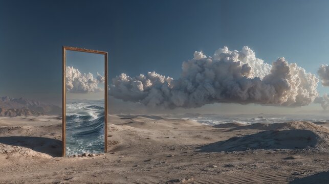 Surreal Golden Frame Portal Linking Dry Desert To Stormy Ocean