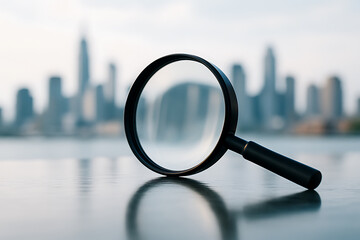 Fototapeta premium Magnifying glass placed against blurred city skyline background symbolizing research focus clarity and urban business development insights
