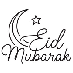 Obraz premium Minimalist Eid Mubarak calligraphy featuring a crescent moon and star, celebrating Islamic holidays, isolated on a white background with an elegant black line art style and modern vibe.