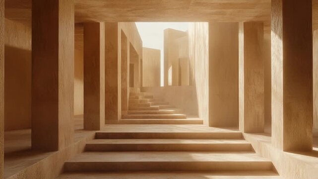 Minimalist corridor of sand toned pillars and ascending steps bathed in warm natural light, casting dramatic shadows that emphasize texture, symmetry, and serene depth