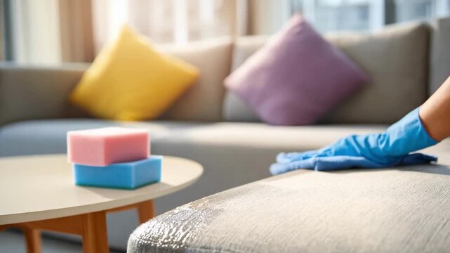 Medium shot of a homeowner wiping surfaces with hypoallergenic cleaning solutions aimed at eliminating dust mites and preventing allergic reactions indoors.
